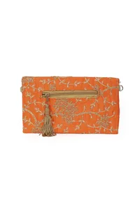 Vivid Orange Zari Embroidered Silk Envelope Clutch image 6