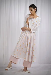 Set Of 2: Yellow and Orange Block Printed Flared Kurta With Orange Straight Fit Pants image 1