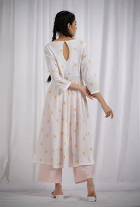 Set Of 2: Yellow and Orange Block Printed Flared Kurta With Orange Straight Fit Pants image 4