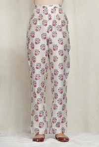 White Chanderi Hand Block Printed Pants image 1