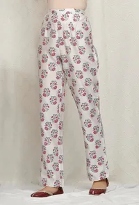 White Chanderi Hand Block Printed Pants image 2