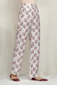 White Chanderi Hand Block Printed Pants image 3