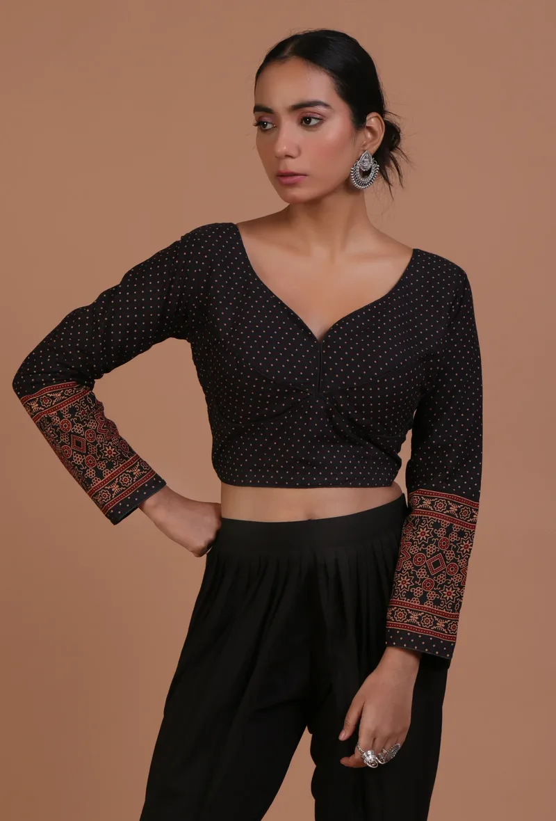 Black Cotton Ajrakh Printed Full Sleeve Blouse