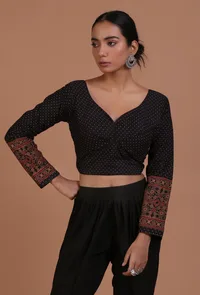 Black Cotton Ajrakh Printed Full Sleeve Blouse image 1