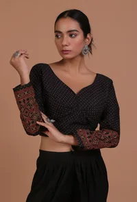 Black Cotton Ajrakh Printed Full Sleeve Blouse image 4