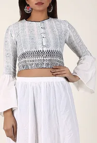 White Hand Block Printed Bell Sleeve Cotton Blouse image 1
