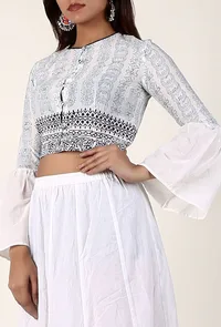 White Hand Block Printed Bell Sleeve Cotton Blouse image 2