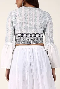 White Hand Block Printed Bell Sleeve Cotton Blouse image 3