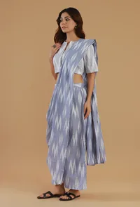 Set of 3: Blue Ikat Cotton Saree Set with Matching Blouse & Flared Pant image 2