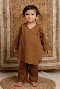 Set Of 2: Brown Wrap Around Mul Mul Kurta With Brown Pant image 1