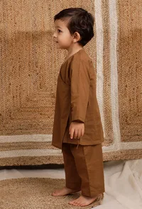 Set Of 2: Brown Wrap Around Mul Mul Kurta With Brown Pant image 2