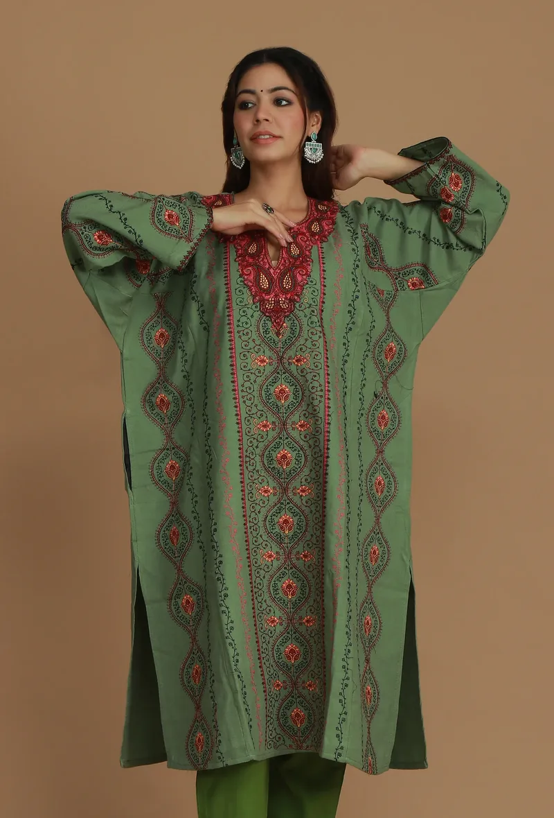 All-Over Aari Embroidered Sage Green Kashmiri Phiran- Free Size