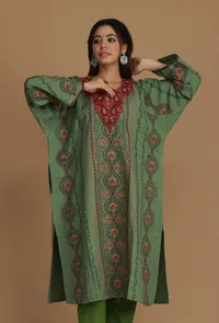 All-Over Aari Embroidered Sage Green Kashmiri Phiran- Free Size image 1