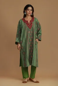 All-Over Aari Embroidered Sage Green Kashmiri Phiran- Free Size image 2