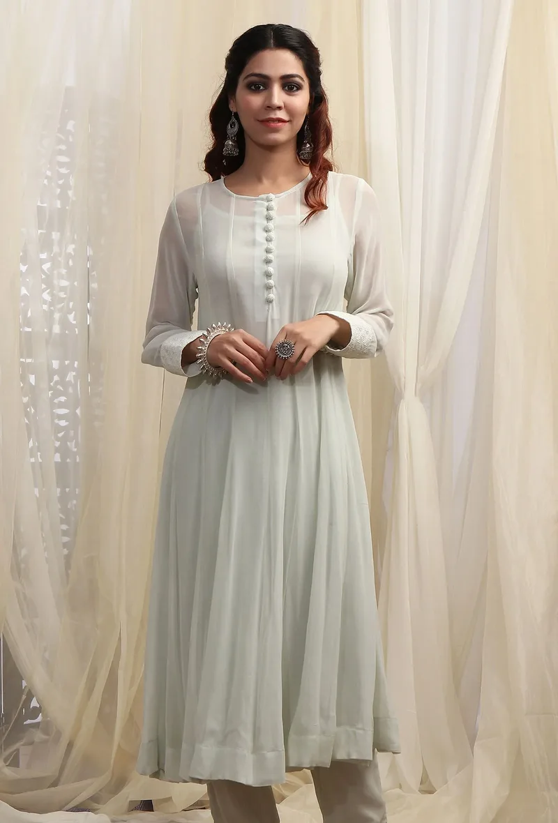 Tea Green Flared Kurta With Sequin Embroidery