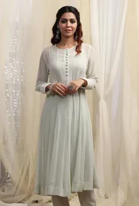 Tea Green Flared Kurta With Sequin Embroidery image 1