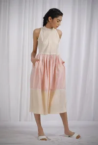 Orange and Yellow Cotton Striped Halter Neck Flared Dress image 1