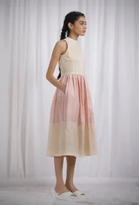 Orange and Yellow Cotton Striped Halter Neck Flared Dress image 2