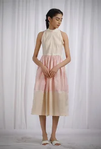 Orange and Yellow Cotton Striped Halter Neck Flared Dress image 3