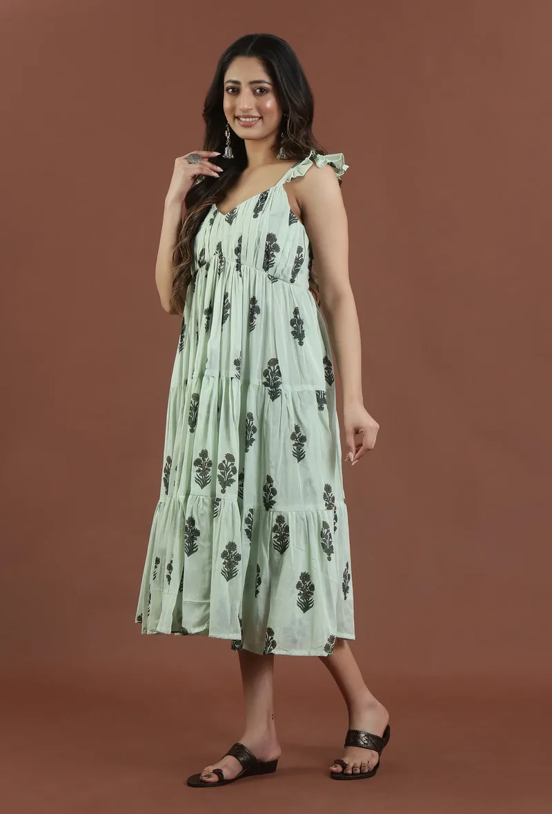 Sage Green Floral Printed Tiered Midi Dress