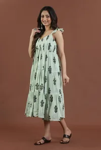 Sage Green Floral Printed Tiered Midi Dress image 1