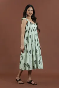 Sage Green Floral Printed Tiered Midi Dress image 2