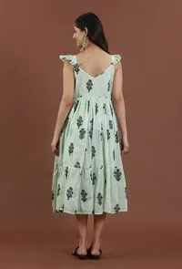 Sage Green Floral Printed Tiered Midi Dress image 3