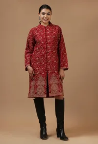 Maroon Kashmiri Aari Embroidered Woollen Long Jacket image 1
