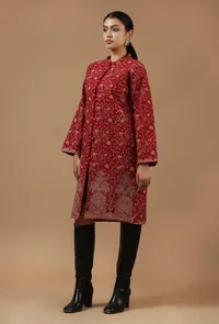 Maroon Kashmiri Aari Embroidered Woollen Long Jacket image 2