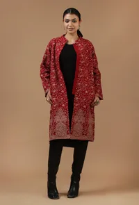 Maroon Kashmiri Aari Embroidered Woollen Long Jacket image 3