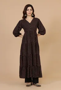 Set of 2: Black Rayon Polka Printed Tiered Dress with Solid Cotton Pants image 1