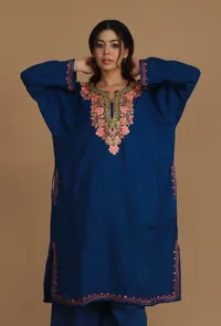 Royal Blue Phiran with Peach & Green Aari Embroidery- Free Size image 1