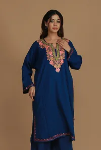 Royal Blue Phiran with Peach & Green Aari Embroidery- Free Size image 2