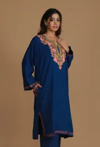 Royal Blue Phiran with Peach & Green Aari Embroidery- Free Size image 3