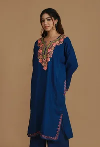 Royal Blue Phiran with Peach & Green Aari Embroidery- Free Size image 4
