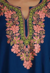 Royal Blue Phiran with Peach & Green Aari Embroidery- Free Size image 6