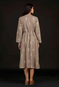 Okra Beige Block printed Angrakha Cotton Dress image 3
