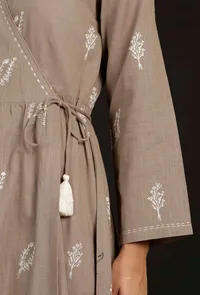 Okra Beige Block printed Angrakha Cotton Dress image 5