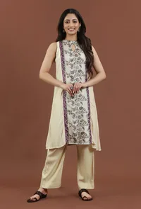 Set of 2: Elegant Beige Kalamkari Panel Printed Silk Kurta Set with Solid Beige Shantoon Pants image 1