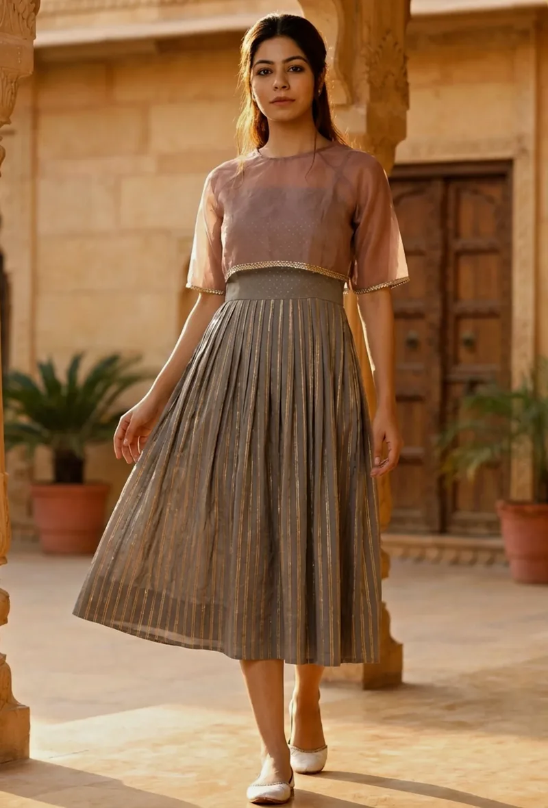 Set Of 2: Plum Organza Embroidered Blouse With Strappy Grey Block Printed Pleated Dress