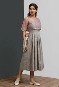 Set Of 2: Plum Organza Embroidered Blouse With Strappy Grey Block Printed Pleated Dress image 4