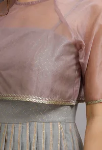 Set Of 2: Plum Organza Embroidered Blouse With Strappy Grey Block Printed Pleated Dress image 6