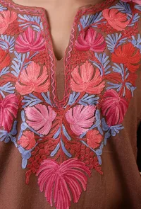 Pinkish Brown Woolen Ari Embroidered Phiran- Free Size image 5