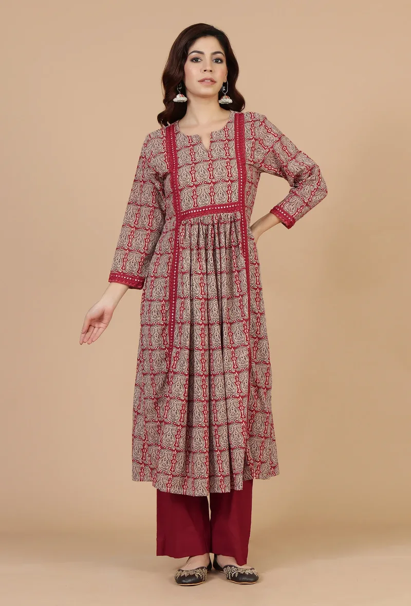 Set of 2: Maroon Printed Gathered Kurta with Lace Detail & Solid Maroon Cotton Pants