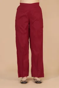 Set of 2: Maroon Printed Gathered Kurta with Lace Detail & Solid Maroon Cotton Pants image 4