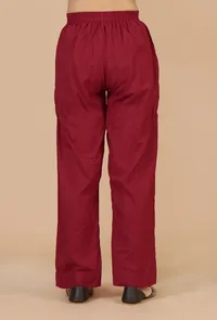 Set of 2: Maroon Printed Gathered Kurta with Lace Detail & Solid Maroon Cotton Pants image 5