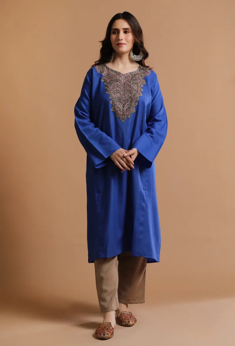 Sapphire Blue Kashmiri Sozni Embroidery Phiran-Free Size