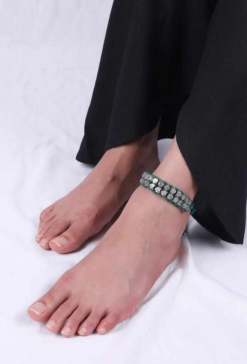 Set Of 2: Zyvana Green Thread & Antique Plated Brass Beaded Anklets