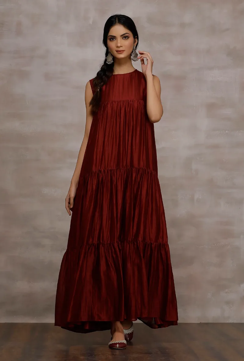 Insha Maroon Chanderi Tier Long Dress