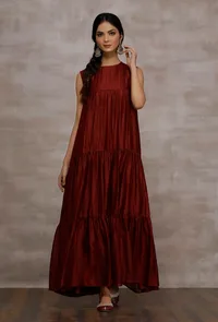 Insha Maroon Chanderi Tier Long Dress image 1